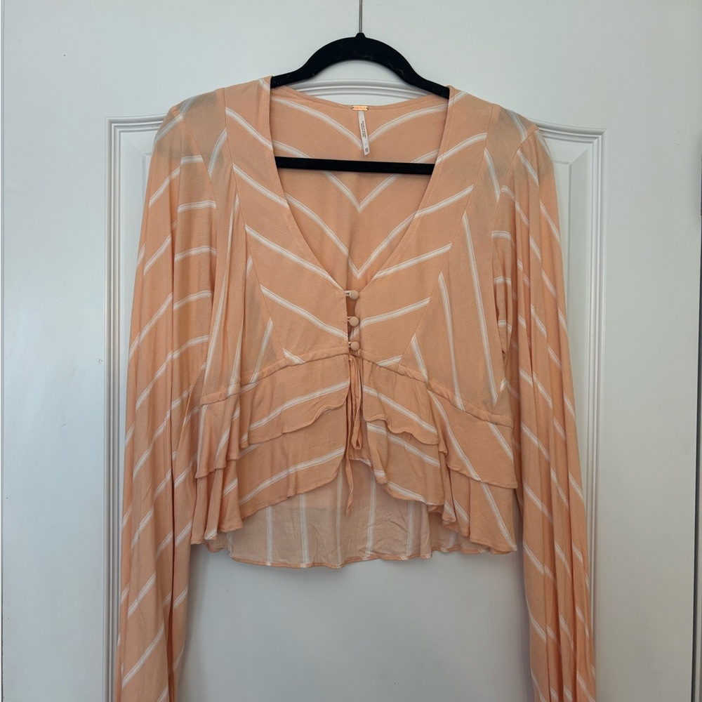 Free People Orange Pink Crop Blouse with Tie Front